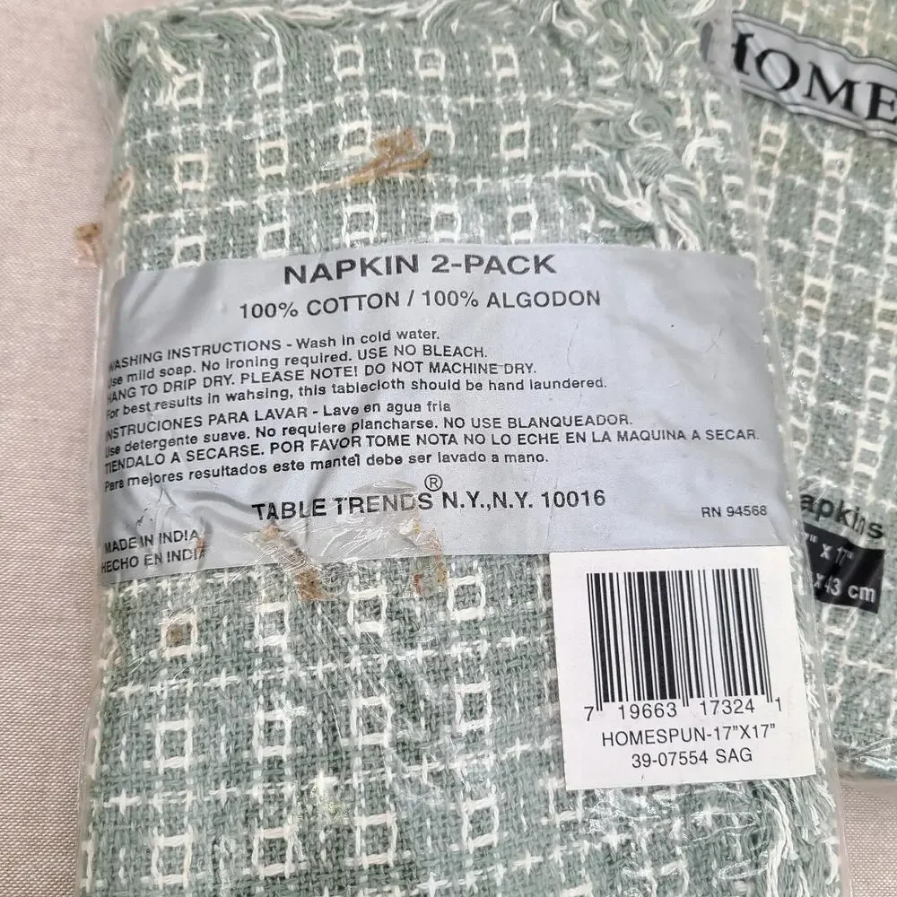 NOS VTG Cotton HOMESPUN Weave Sage Green fringed TABLECLOTH 52x70” + 4 Napkins